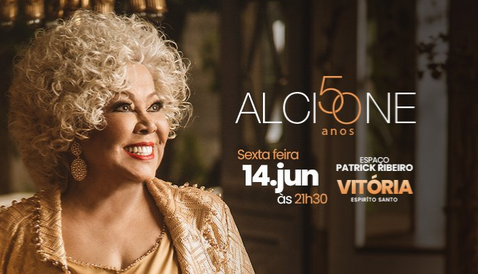 Banner do show Alcione 50 anos de carreira dia 14 de Junho em Vitória ES